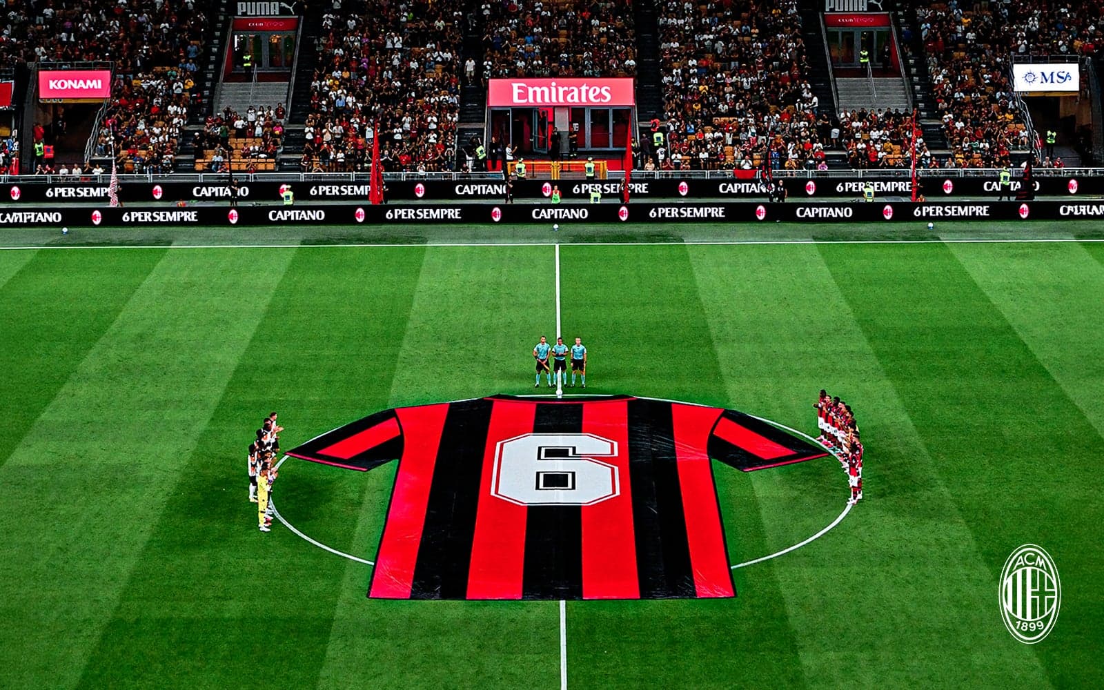 Franco Baresi's No. 6 shirt at the centre of the pitch before AC Milan v Venezia, Serie A 2026/27