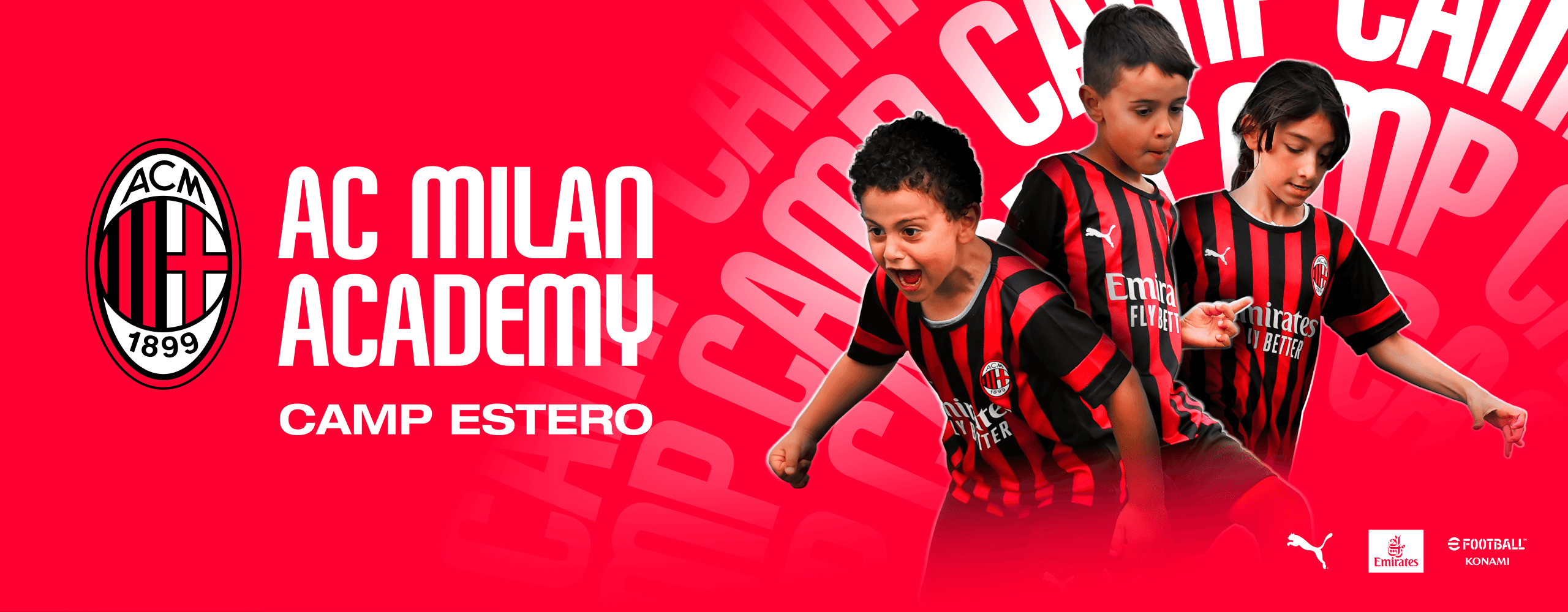 Logo Milan Academy Camp Estero con accanto bambini che esultano dopo un gol