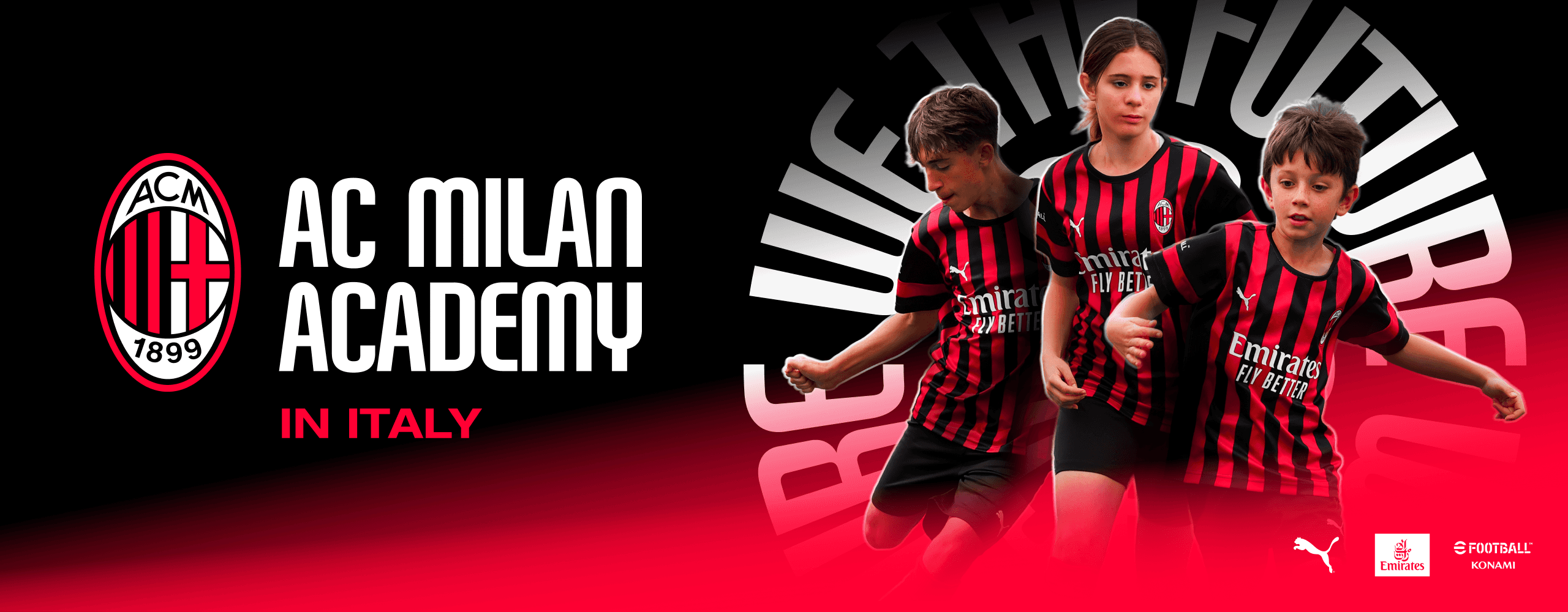 Milan Academy soccer schools logo with running children next to it