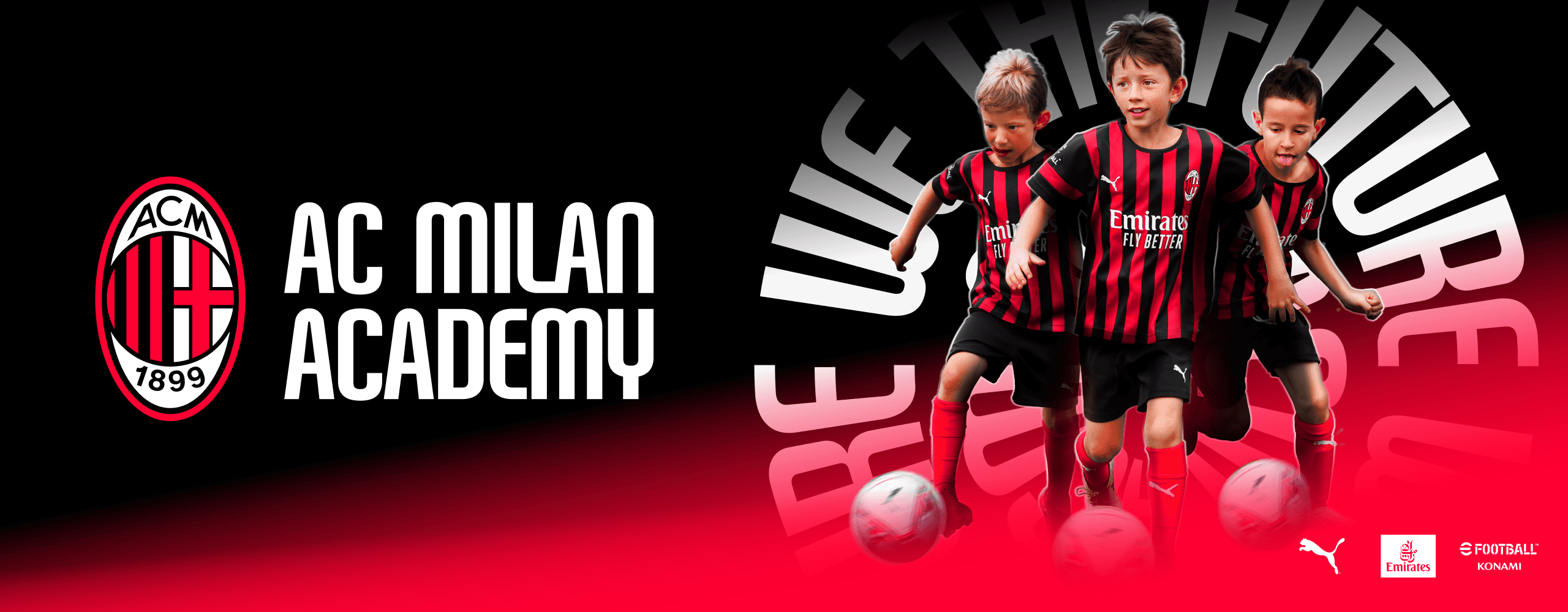 Logo Milan Academy con accanto i bambini in maglia Milan che corrono con un pallone
