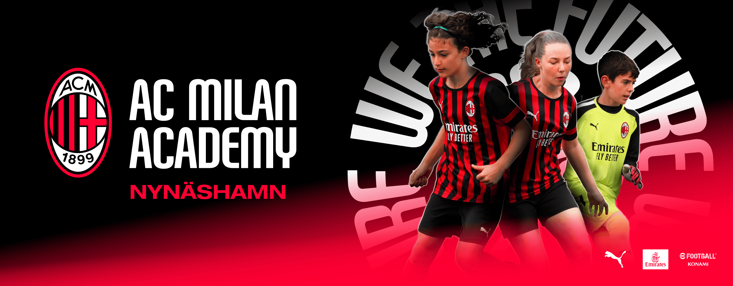 Logo Milan Academy Nynashamn con accanto bambini che esultano dopo un gol