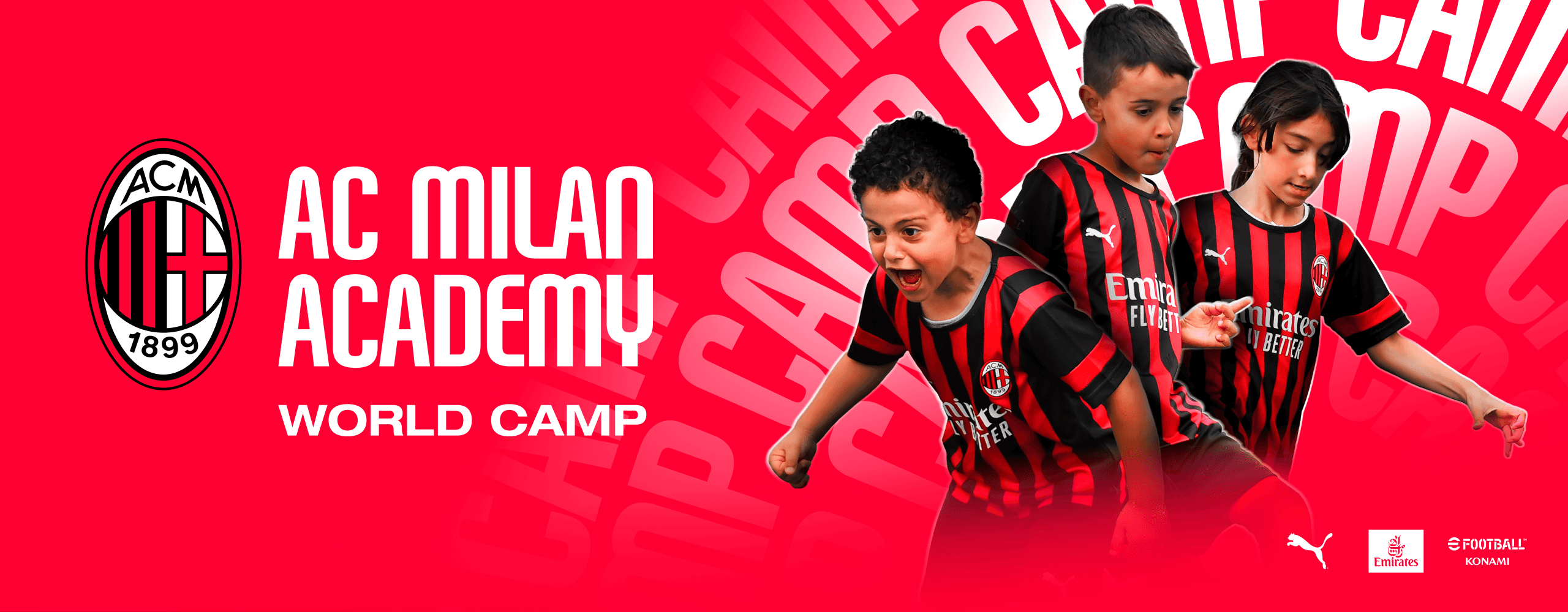 Milan Academy World Camp logo with children next to it cheering after a goal