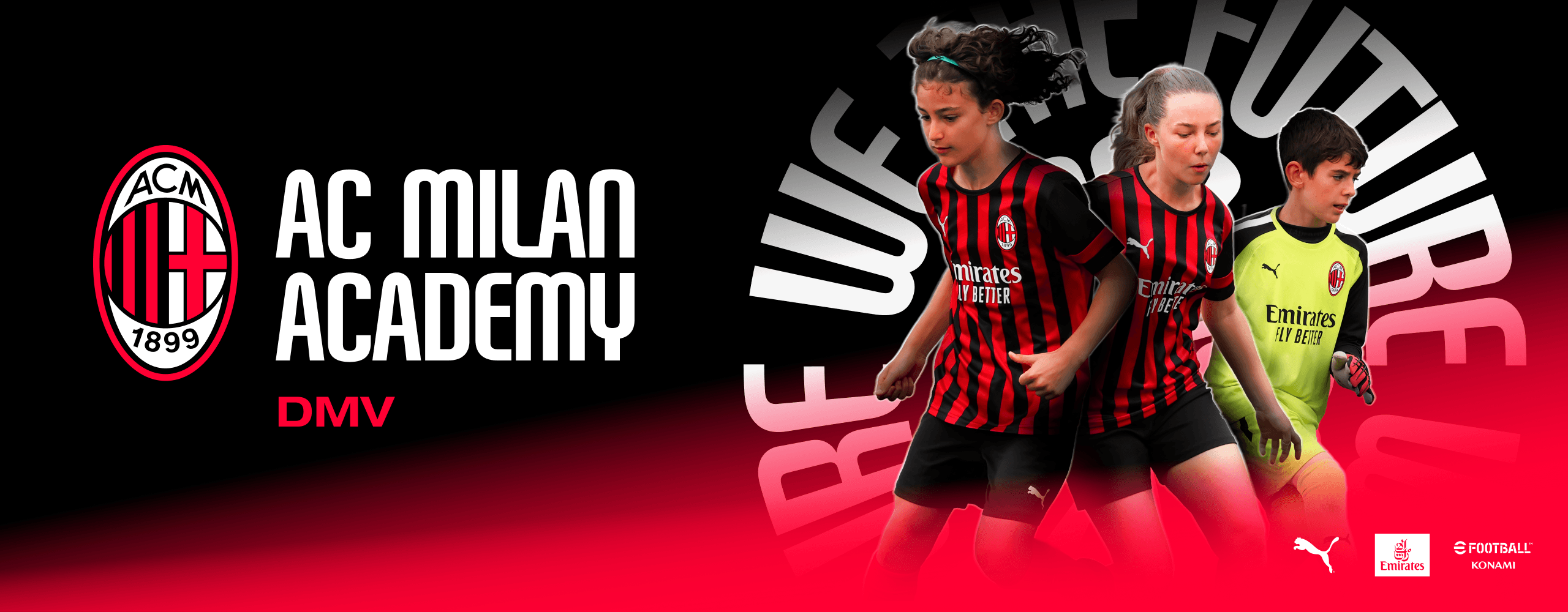 Logo Milan Academy DMV con accanto bambini che esultano dopo un gol