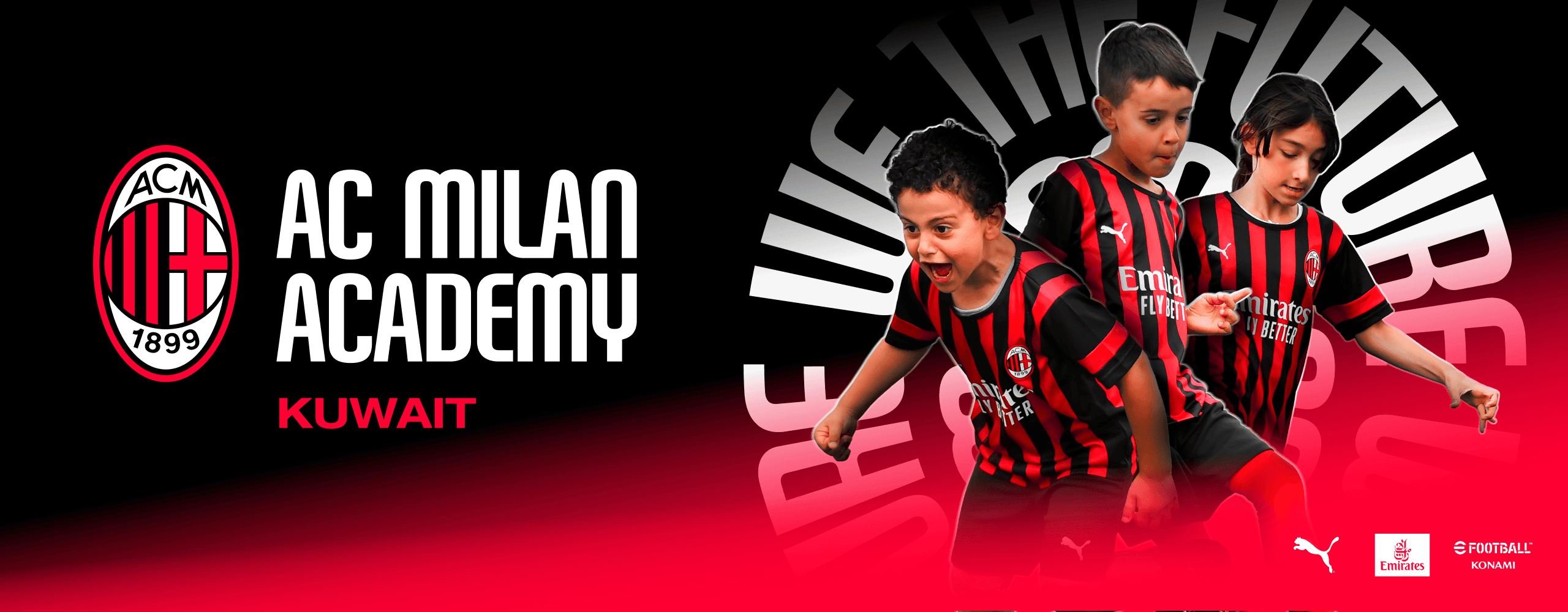 Logo Milan Academy Kuwait con accanto bambini che esultano dopo un gol